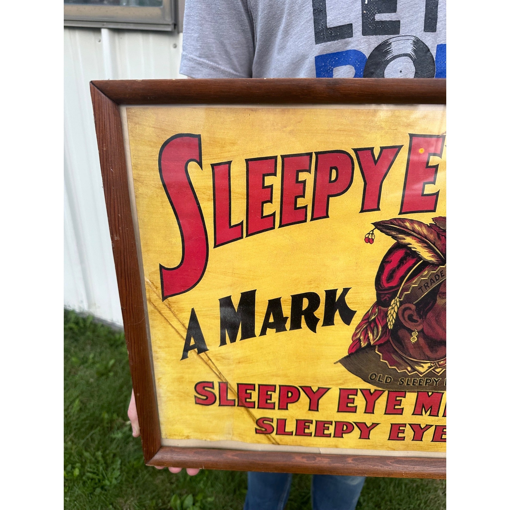 Original Sleepy Eye Flour Paper Litho Framed Sign Advertising Native American