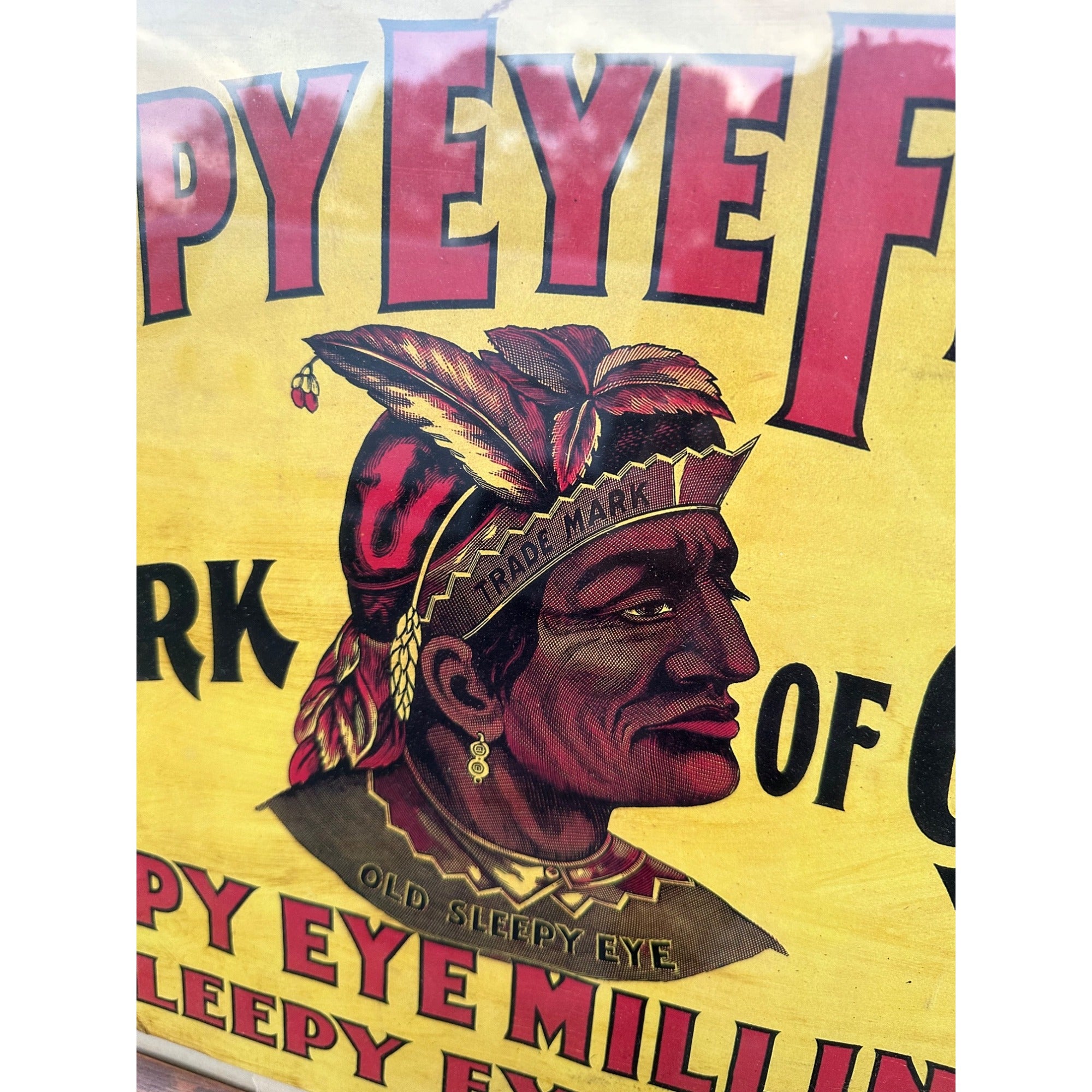 Original Sleepy Eye Flour Paper Litho Framed Sign Advertising Native American