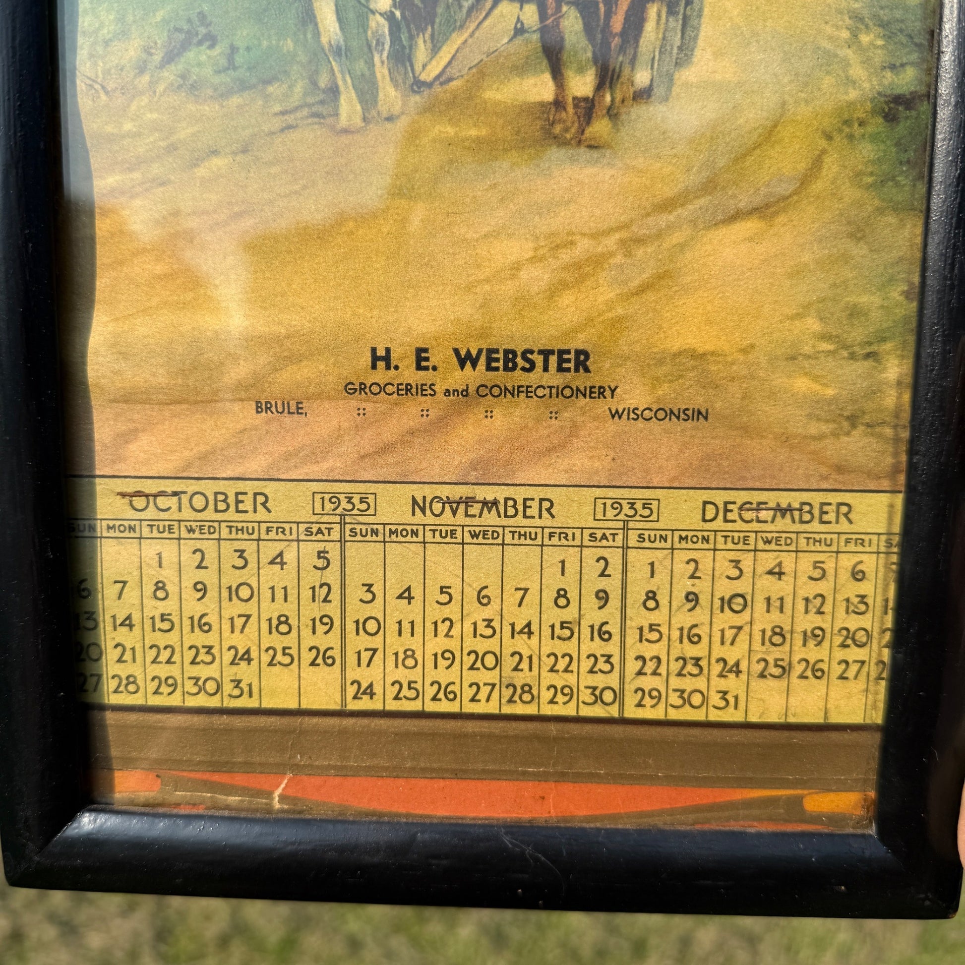 Vintage 1935 Brule Wisconsin Framed Advertising Calendar Sign Webster Store