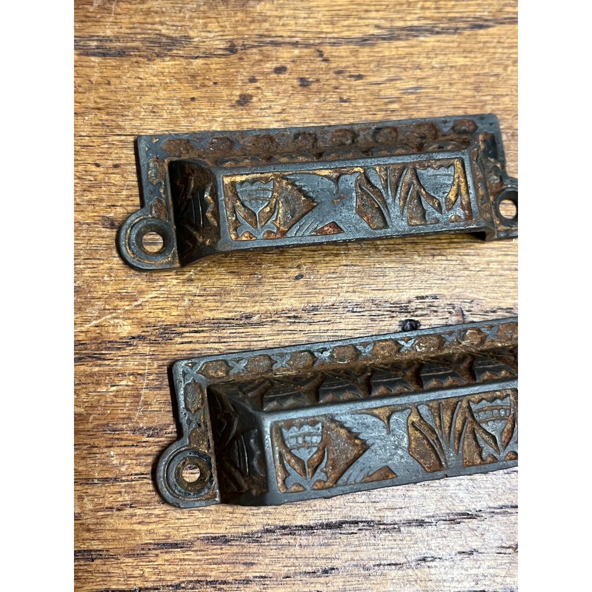 Antique Victorian Cast Iron Hummingbird Bird & Flowers Drawer Pulls Pair (2)