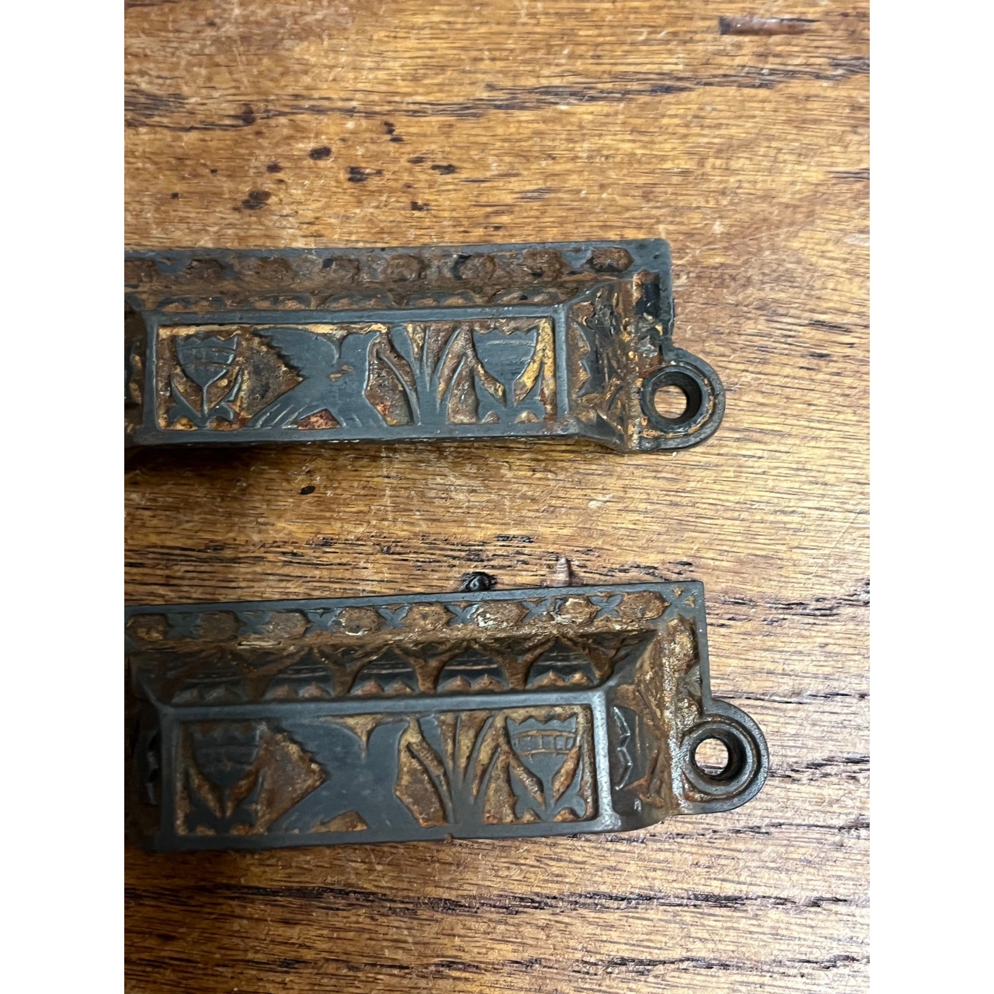 Antique Victorian Cast Iron Hummingbird Bird & Flowers Drawer Pulls Pair (2)