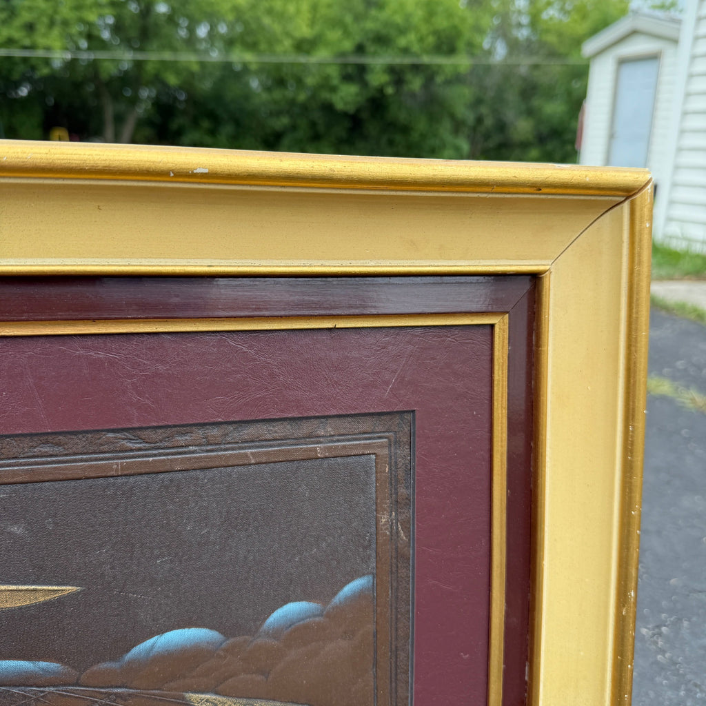 Vintage Leather Embossed "Spirit of Progress" Aviation Airplane Framed Art