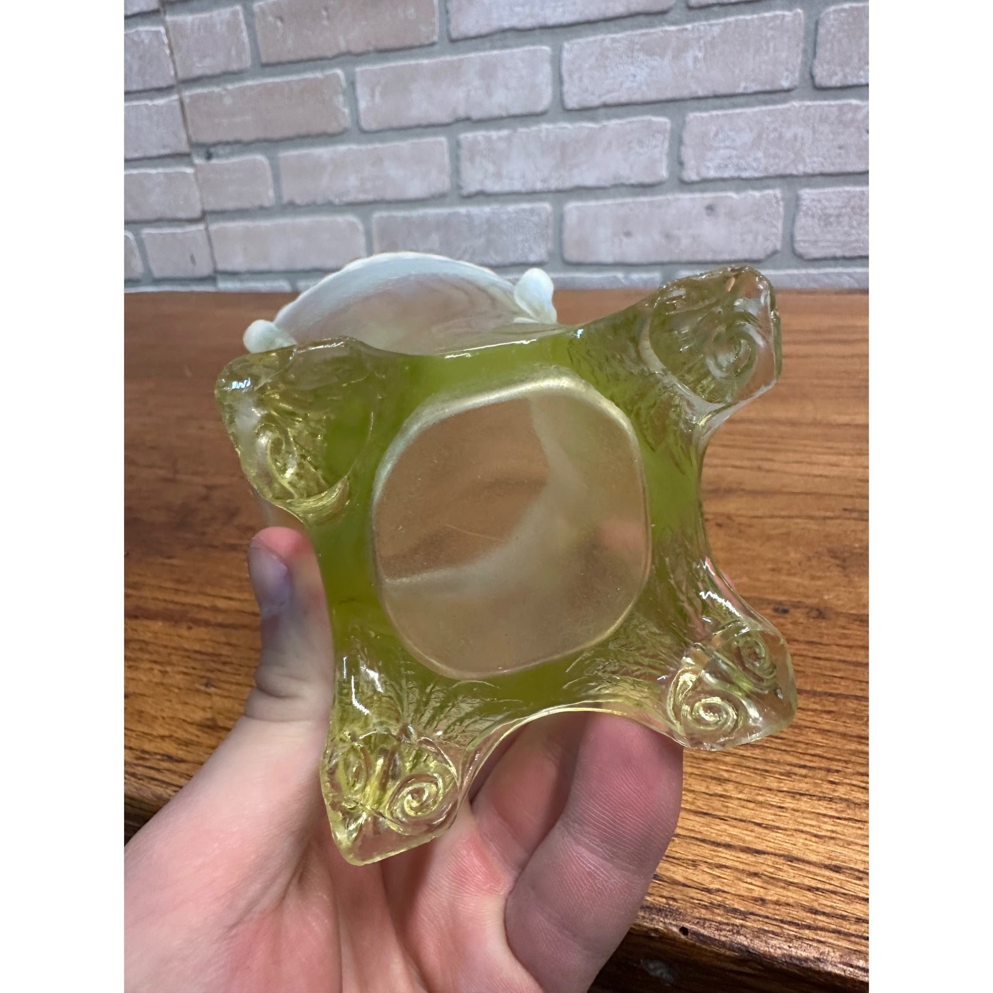 1903 Jefferson Glass Uranium Opalescent Green Swag Brackets Footed Spooner