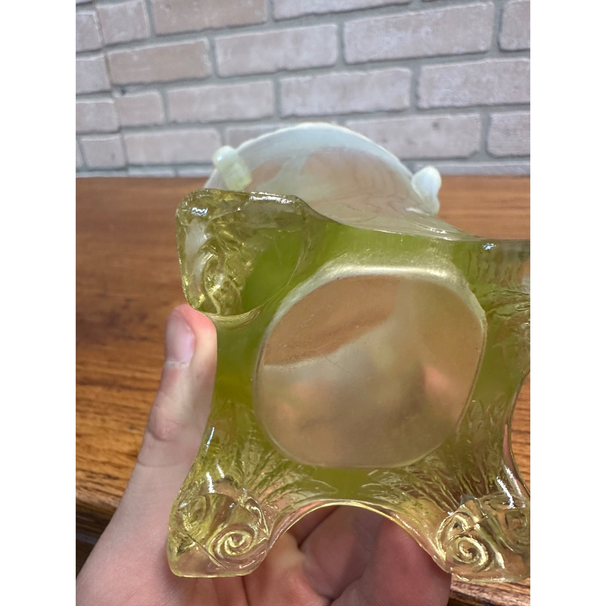 1903 Jefferson Glass Uranium Opalescent Green Swag Brackets Footed Spooner