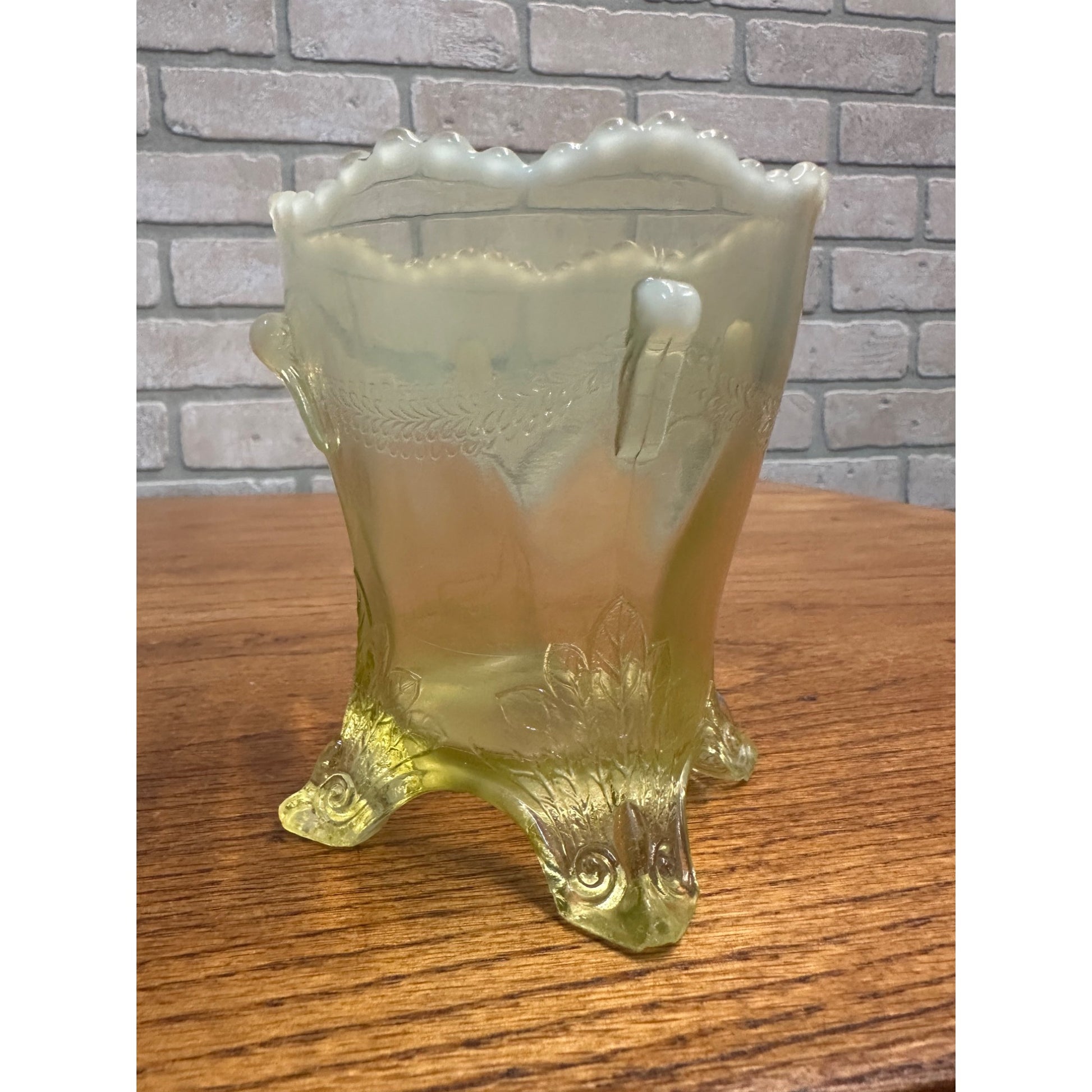1903 Jefferson Glass Uranium Opalescent Green Swag Brackets Footed Spooner