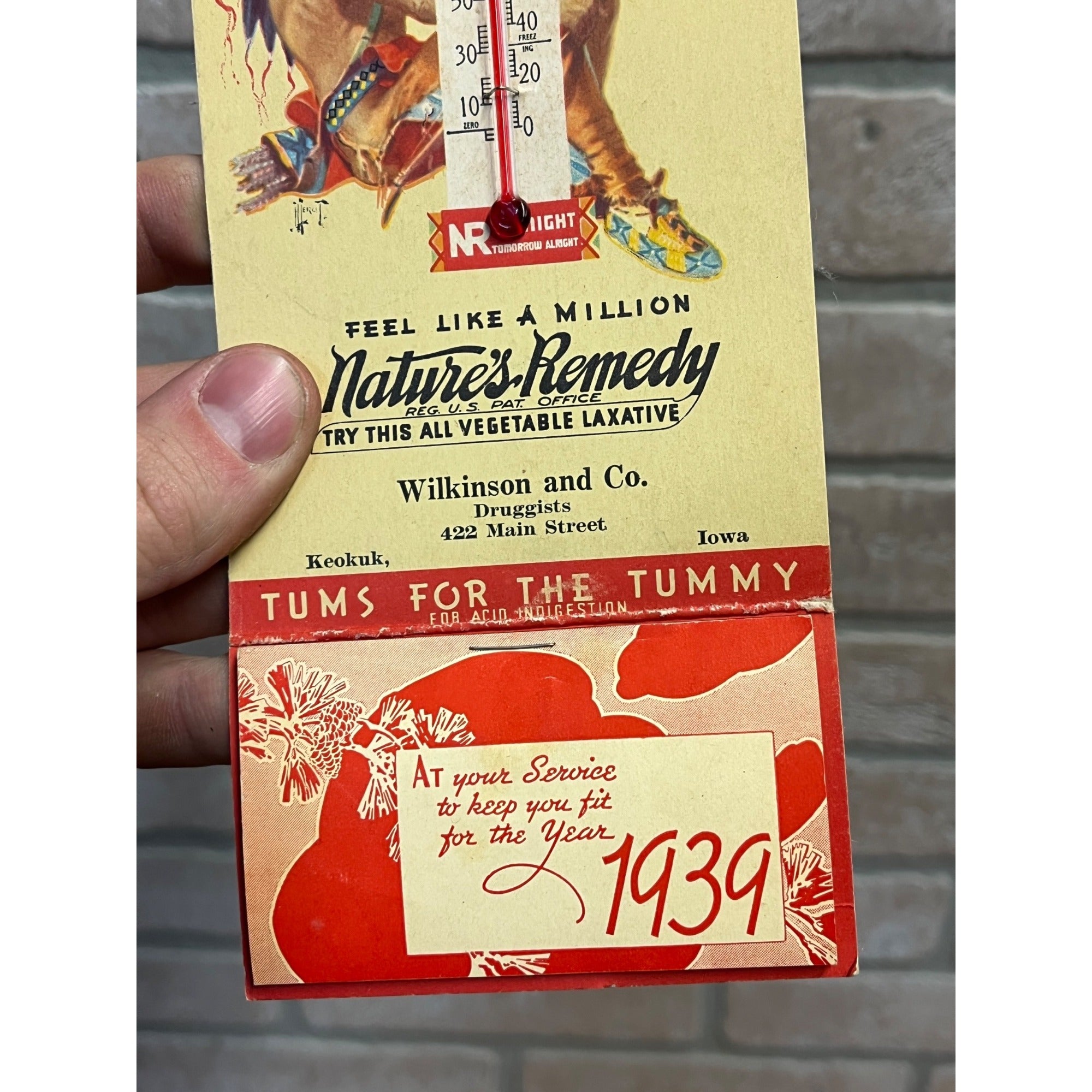1939 Tums Natures Remedy Thermometer Drug Advertising Calendar Keokuk Iowa Sign