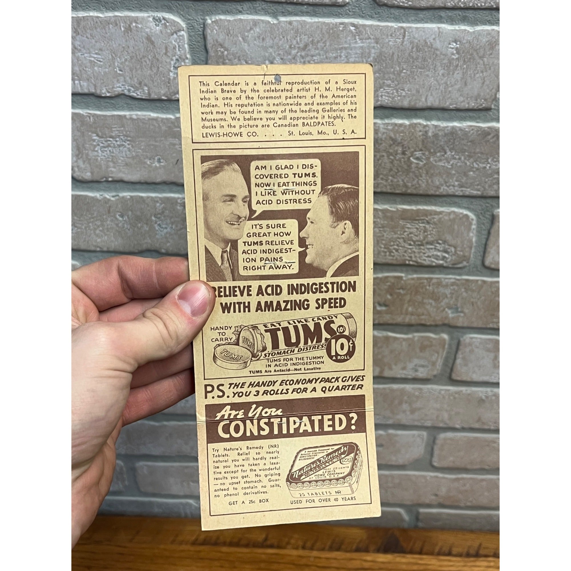 1939 Tums Natures Remedy Thermometer Drug Advertising Calendar Keokuk Iowa Sign