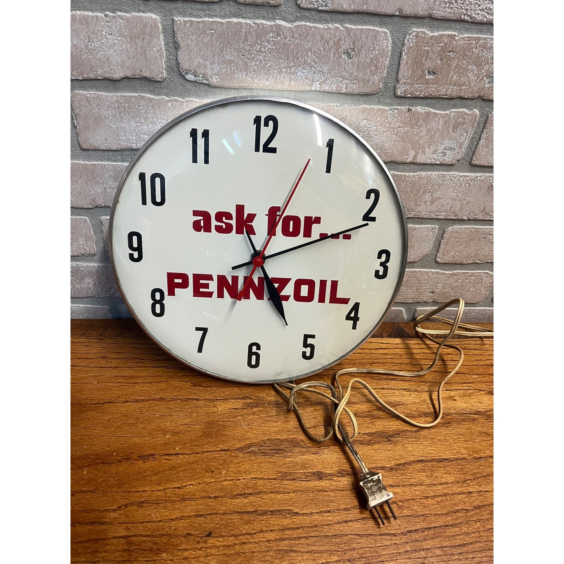 Vintage “Ask for…Pennzoil” Advertising Electric 12" Wall Clock Sign Gas Oil Garage