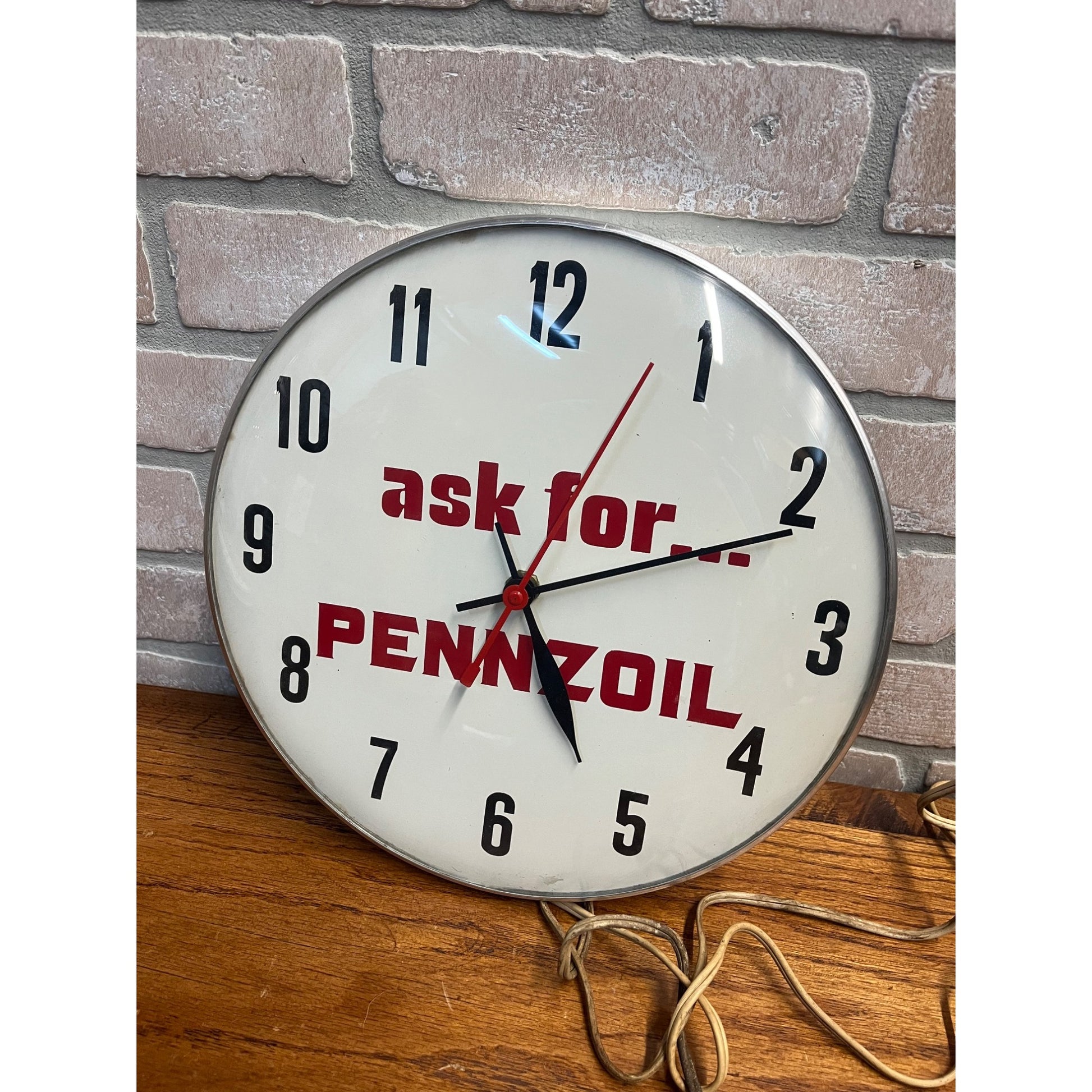 Vintage “Ask for…Pennzoil” Advertising Electric 12" Wall Clock Sign Gas Oil Garage