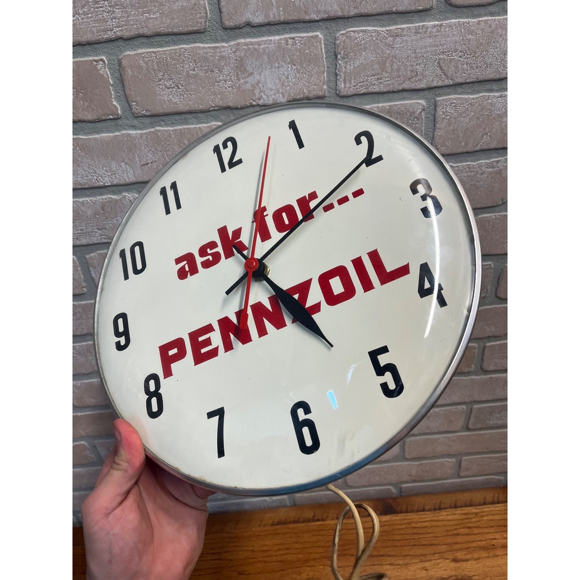 Vintage “Ask for…Pennzoil” Advertising Electric 12" Wall Clock Sign Gas Oil Garage