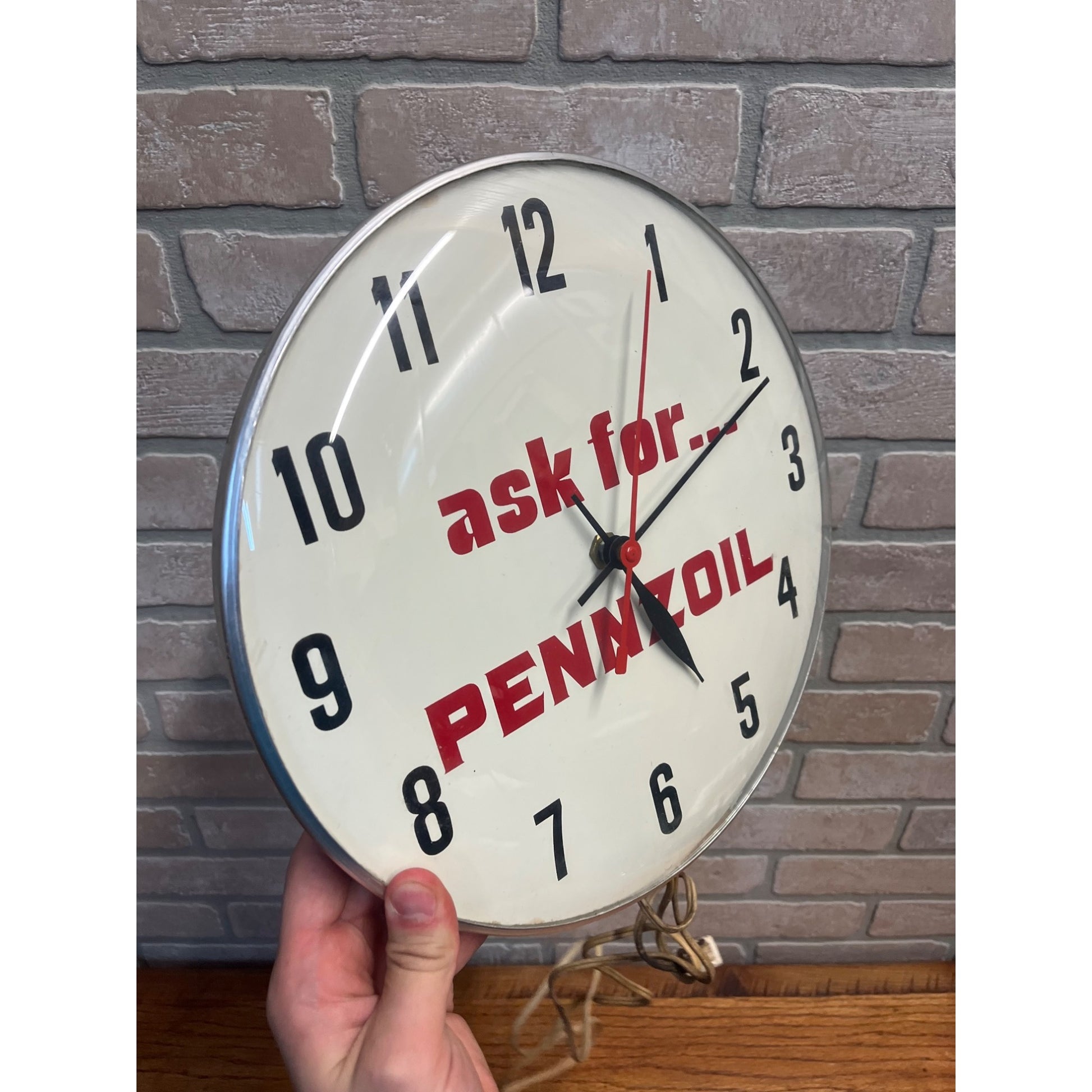 Vintage “Ask for…Pennzoil” Advertising Electric 12" Wall Clock Sign Gas Oil Garage