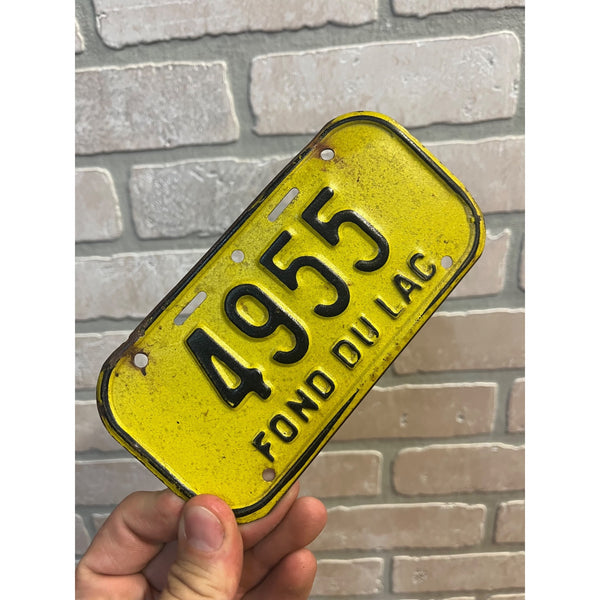 Vintage 1980s Fond du Lac Wisconsin Embossed Bicycle License Plate Yellow Black