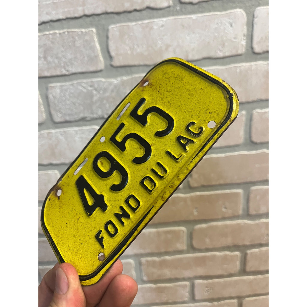 Vintage 1980s Fond du Lac Wisconsin Embossed Bicycle License Plate Yellow Black