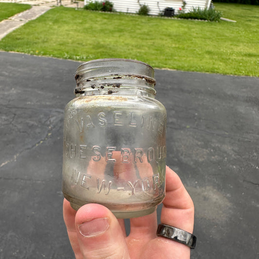 Antique embossed "Trade Mark Vaseline Chesebrough New-York" Clear glass jar 2.5"