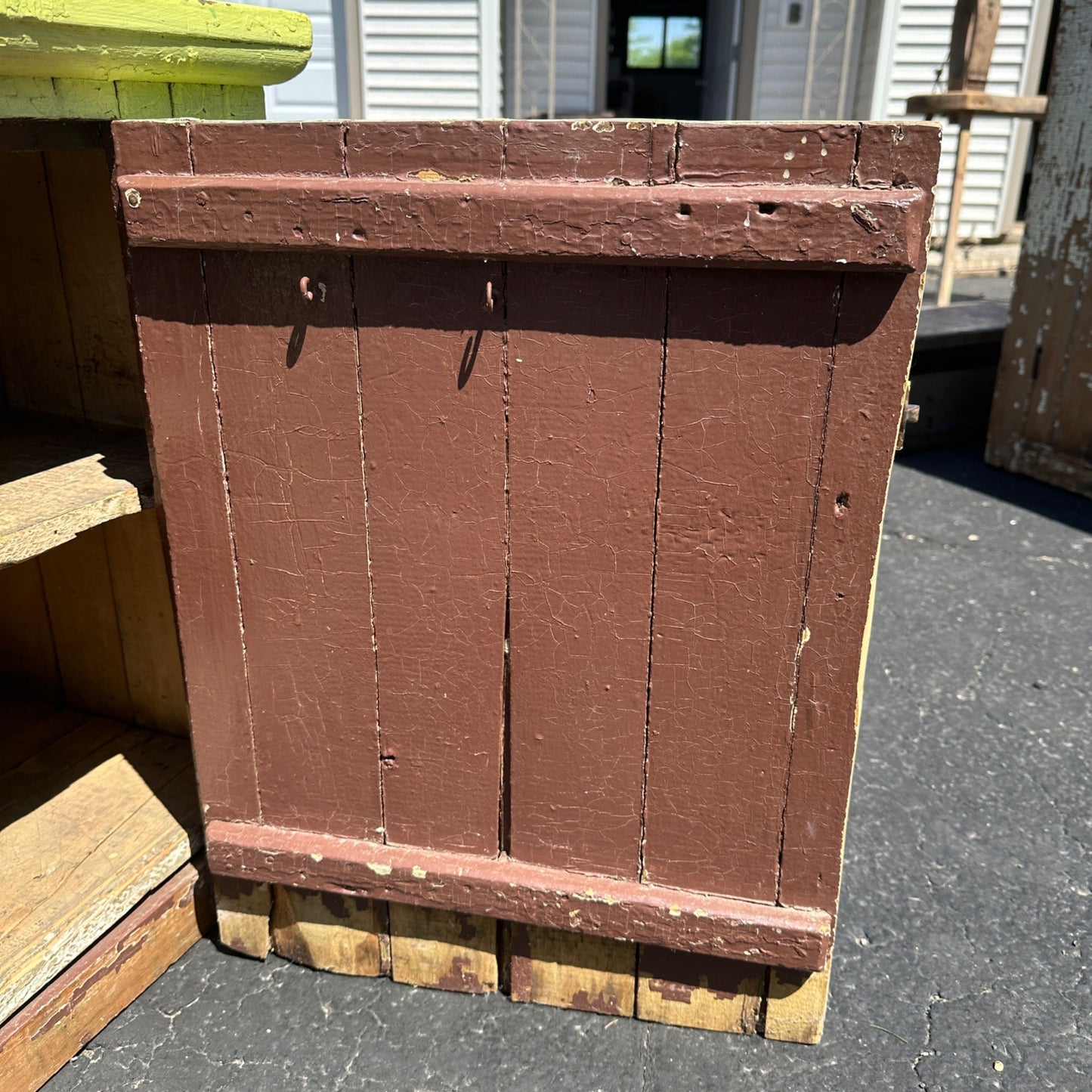 Antique Primitive Wooden Yellow Green Storage Cabinet Cupboard