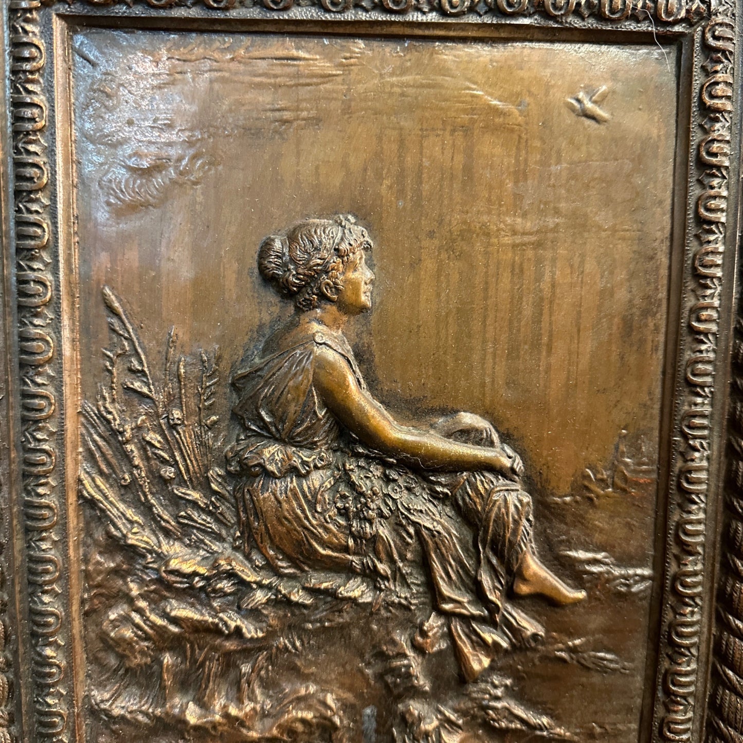 Antique 19th C. Bronze Copper Relief of Woman - 10" by 12.5" - Architectural Wall Panel