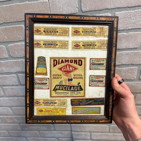 Vintage 1920s-30s Diamond Ink Co. Milwaukee Wis Labels w/ Inlaid Wood Frame