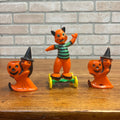 Vintage Halloween Rosbro Plastics Candy Container toys Orange Cat Wheels Witch JOL