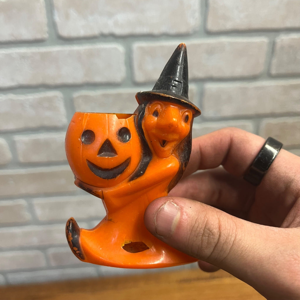Vintage Halloween Rosbro Plastics Candy Container toys Orange Cat Wheels Witch JOL