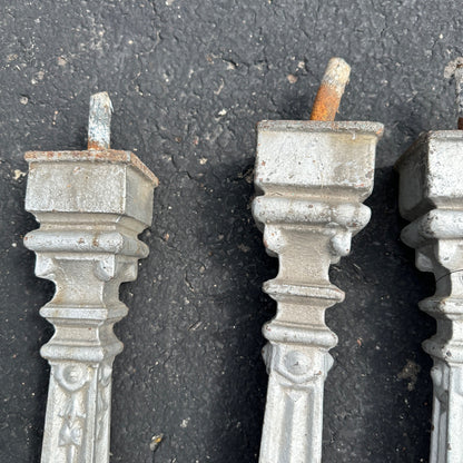 ANTIQUE 1800S CAST IRON FLAME FINIALS SHORT FENCE / HITCHING POSTS LOT (4) BOLLARDS