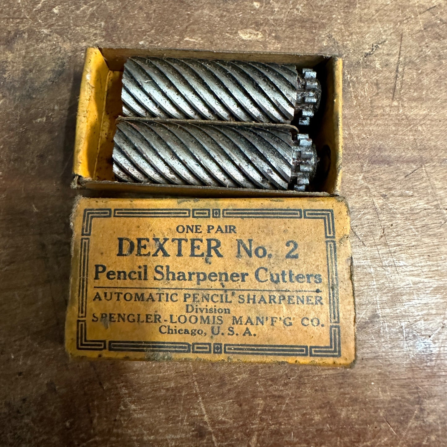 VINTAGE (1920S) DEXTER NO.2 PENCIL SHARPENER CUTTERS (PAIR) IN ORIGINAL BOX!