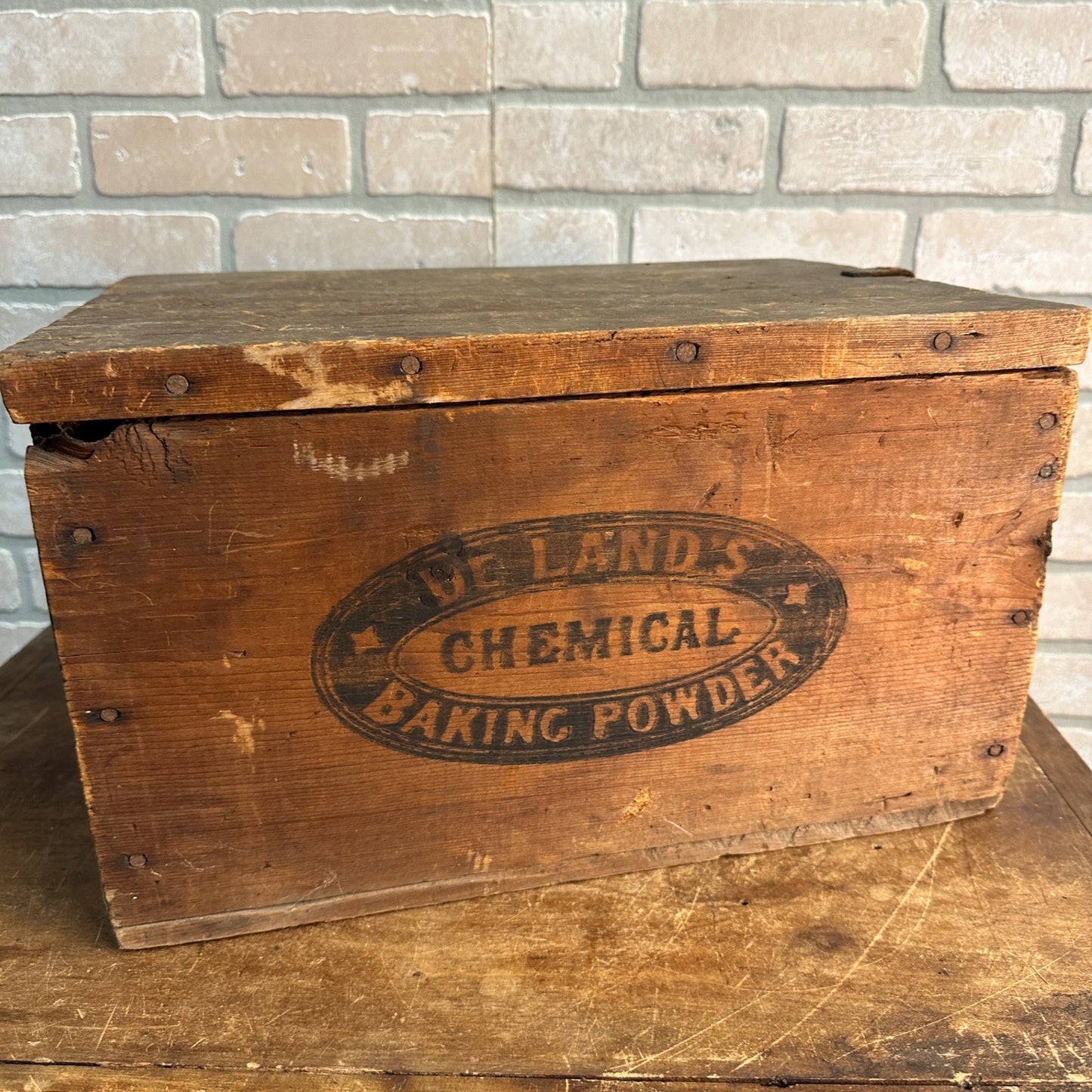 Antique Wooden Crate Box De Lands Chemical Baking Powder W/ Lid