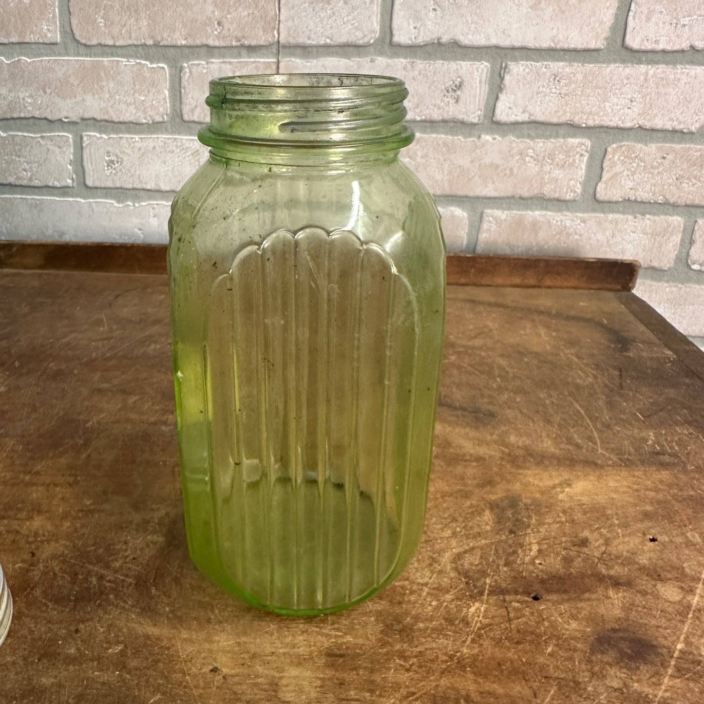 Antique 1920's Uranium Green Hoosier Canister Hocking Jar Coffee 8" Ribbed Glows