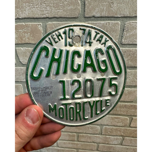 Vintage 1974 Chicago Motorcycle Vehicle Tax Tag Embossed Sign