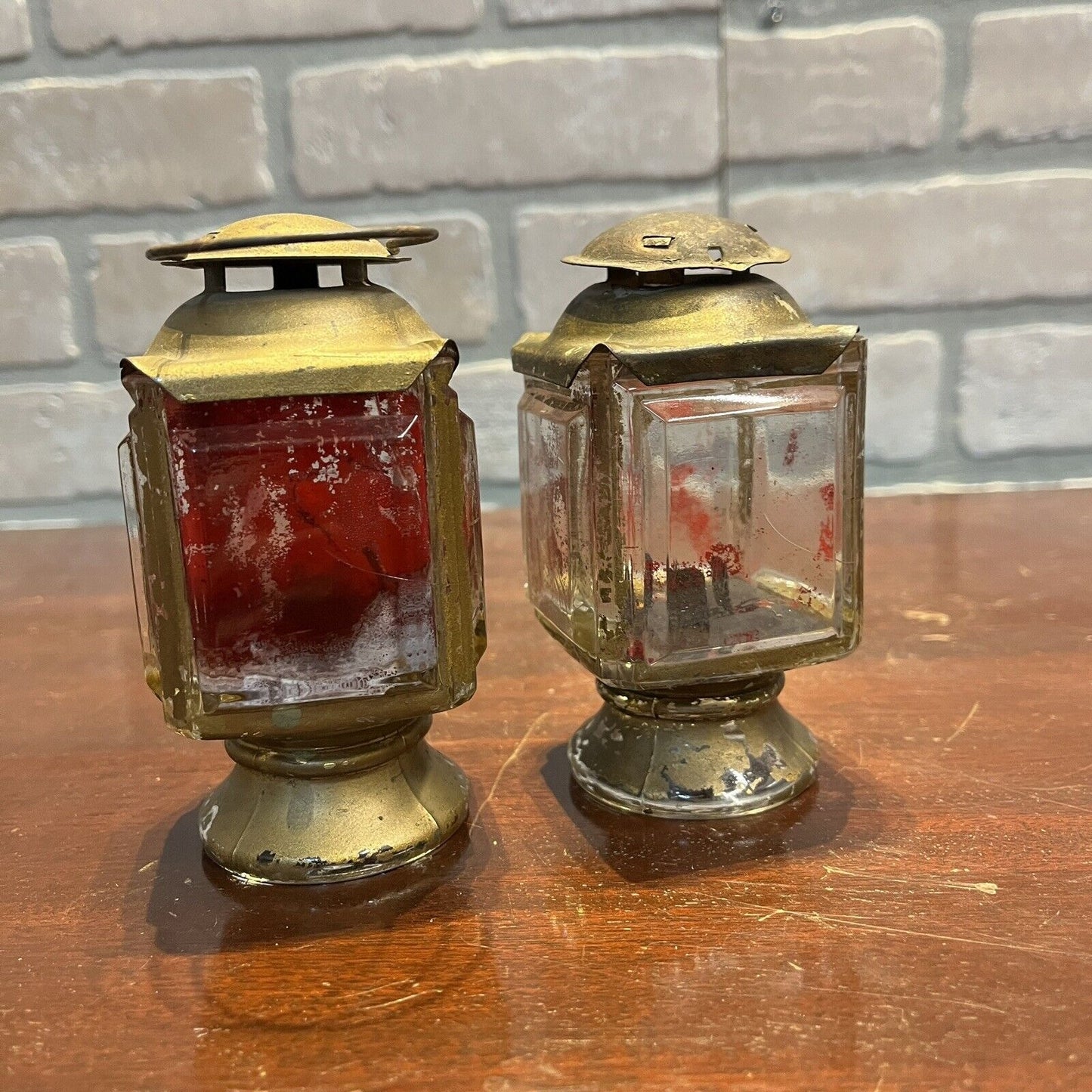 Antique Pair of Solid Glass 4" Candle Holder Lanterns Primitive Carriage Lamps