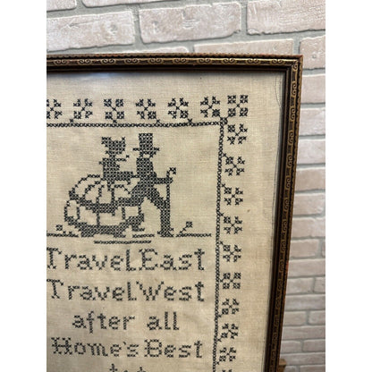 Antique Primitive Travel East Travel West Cross Stitch Sampler Framed