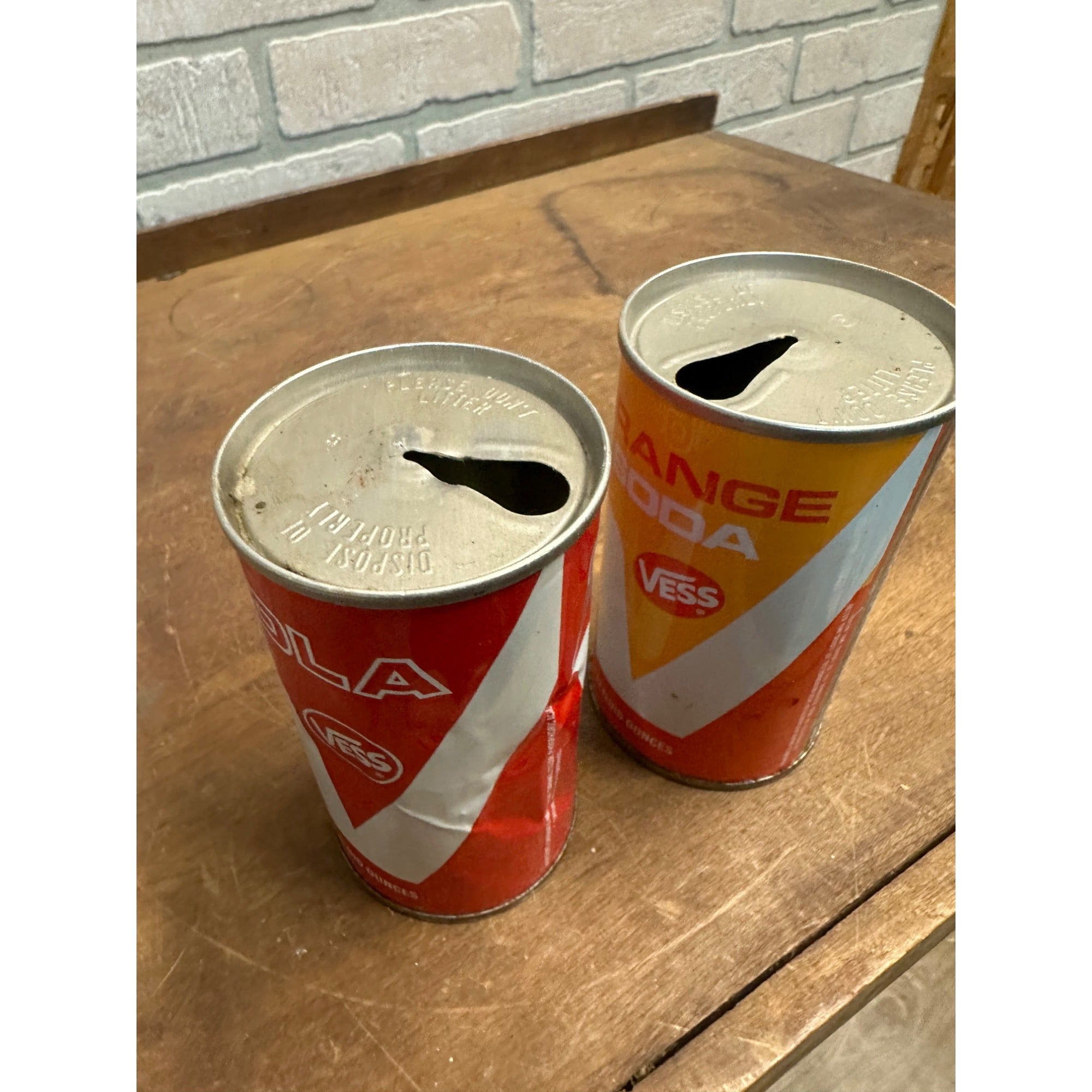 Vintage Vess Soda Pop Cans (2) Cola + Orange Steel Pull Tab Flat Top