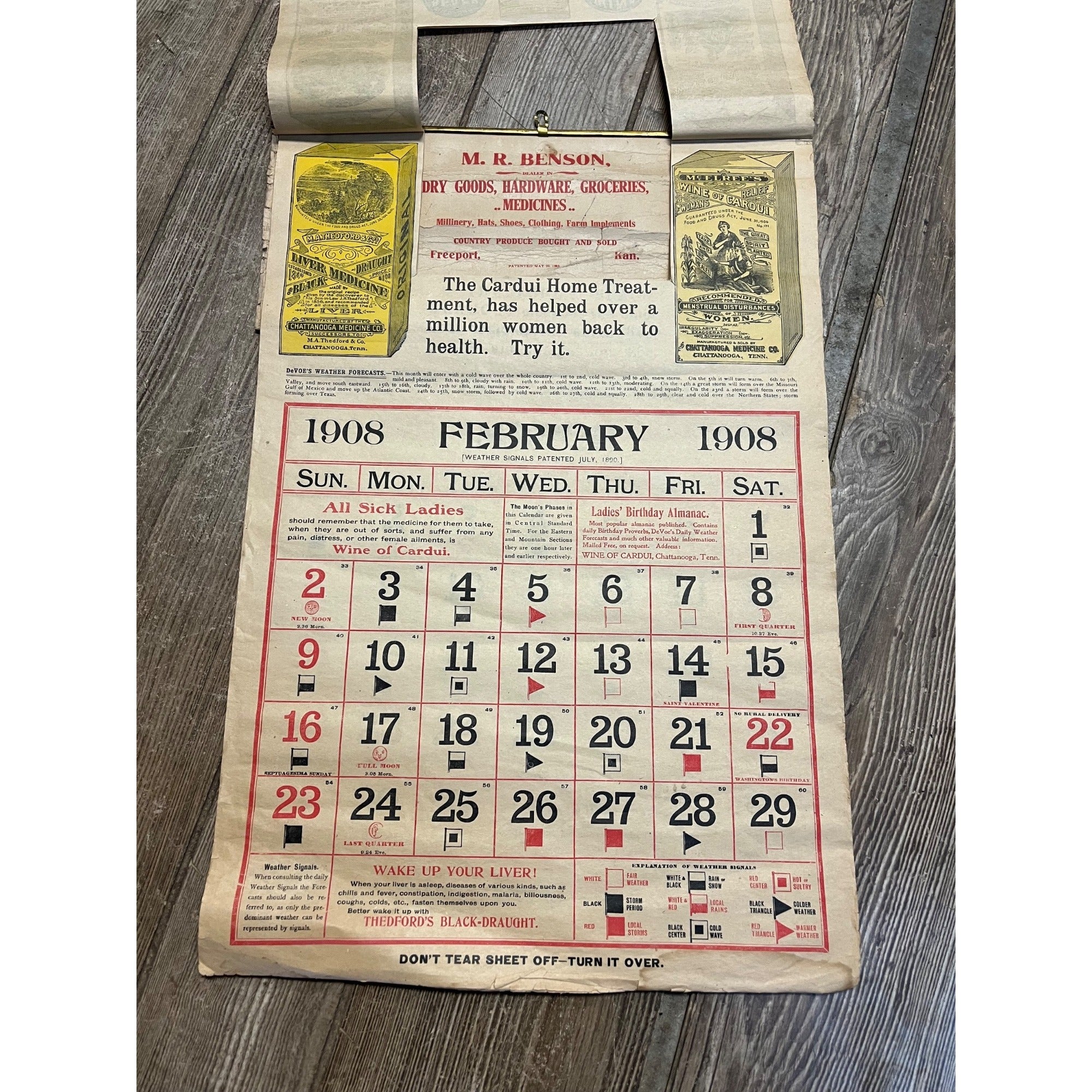 Vintage 1908 Chattanooga Medicine Co Advertising Sign Calendar Black Draught