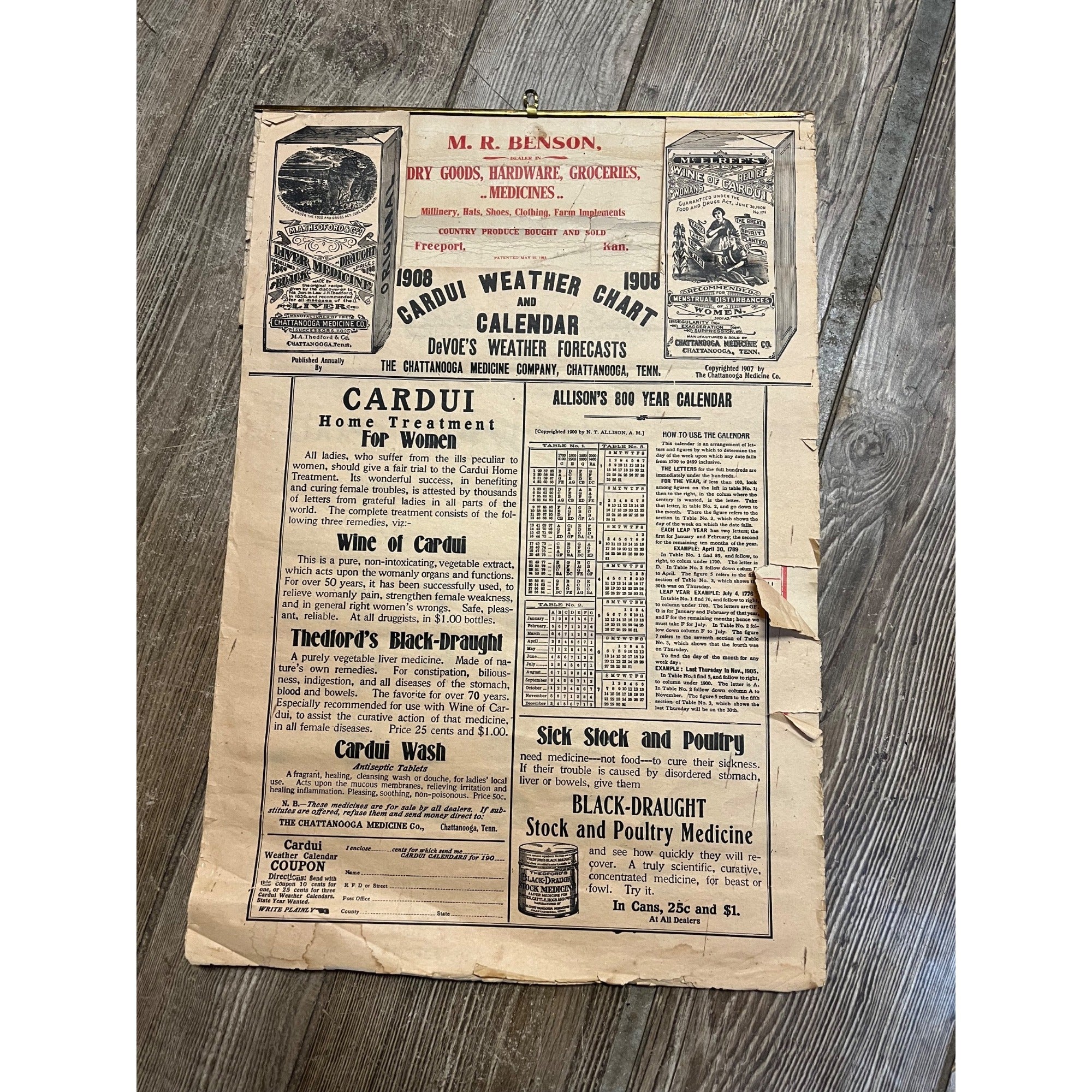 Vintage 1908 Chattanooga Medicine Co Advertising Sign Calendar Black Draught