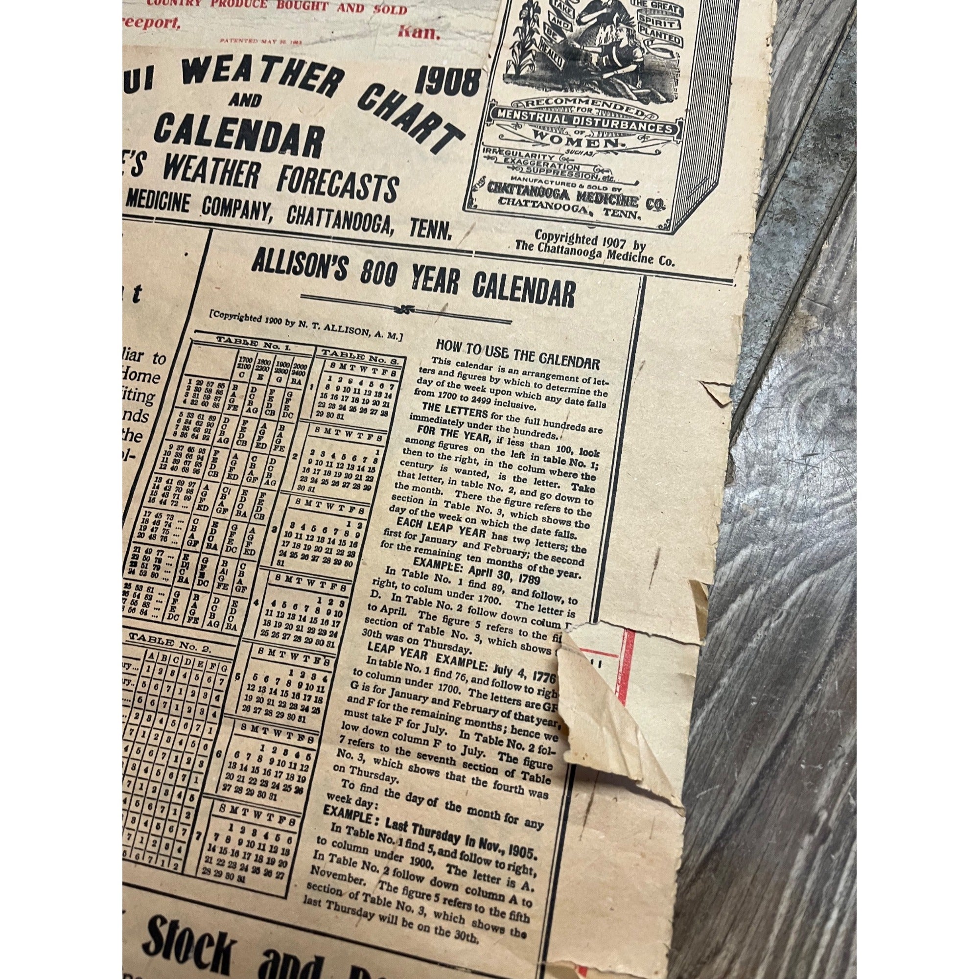 Vintage 1908 Chattanooga Medicine Co Advertising Sign Calendar Black Draught