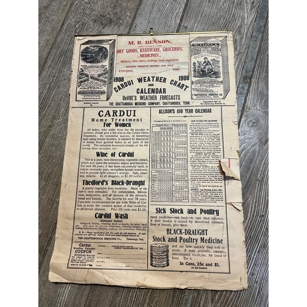 Vintage 1908 Chattanooga Medicine Co Advertising Sign Calendar Black Draught