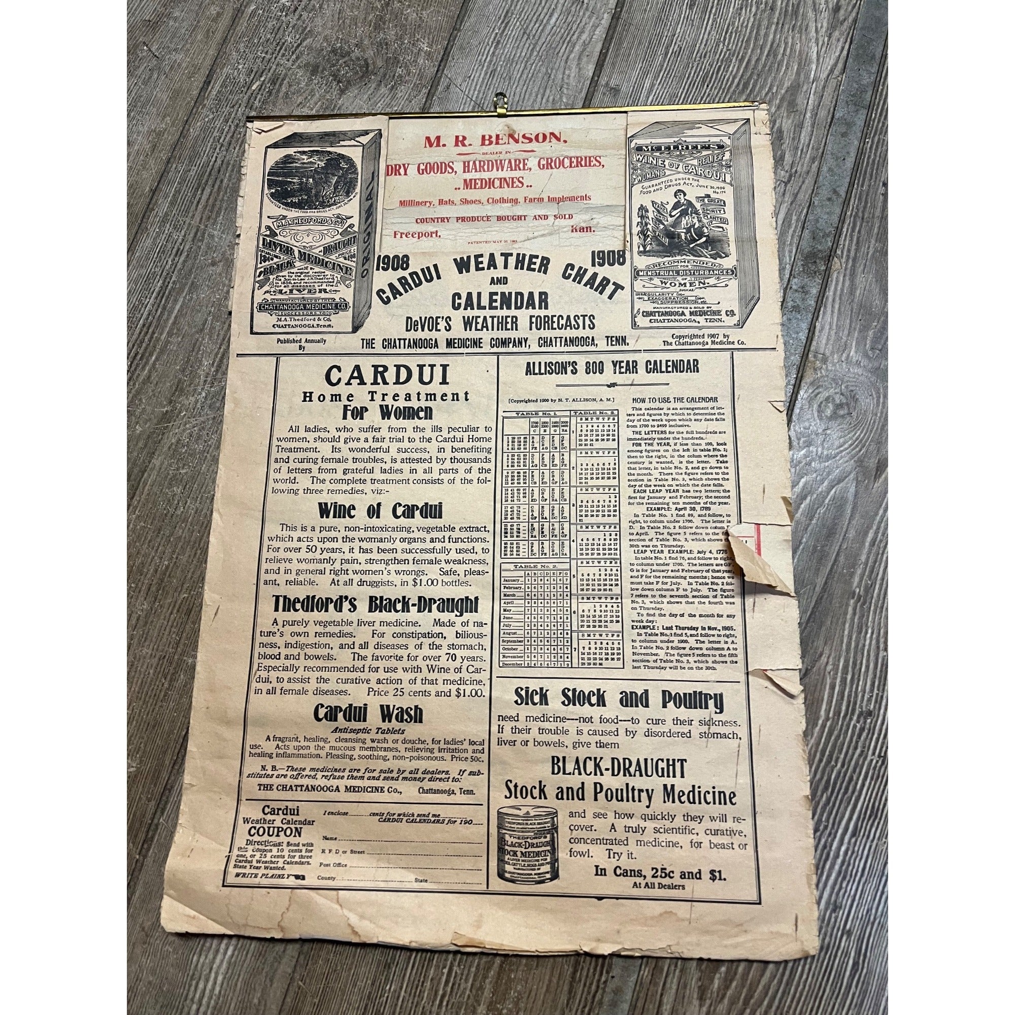 Vintage 1908 Chattanooga Medicine Co Advertising Sign Calendar Black Draught