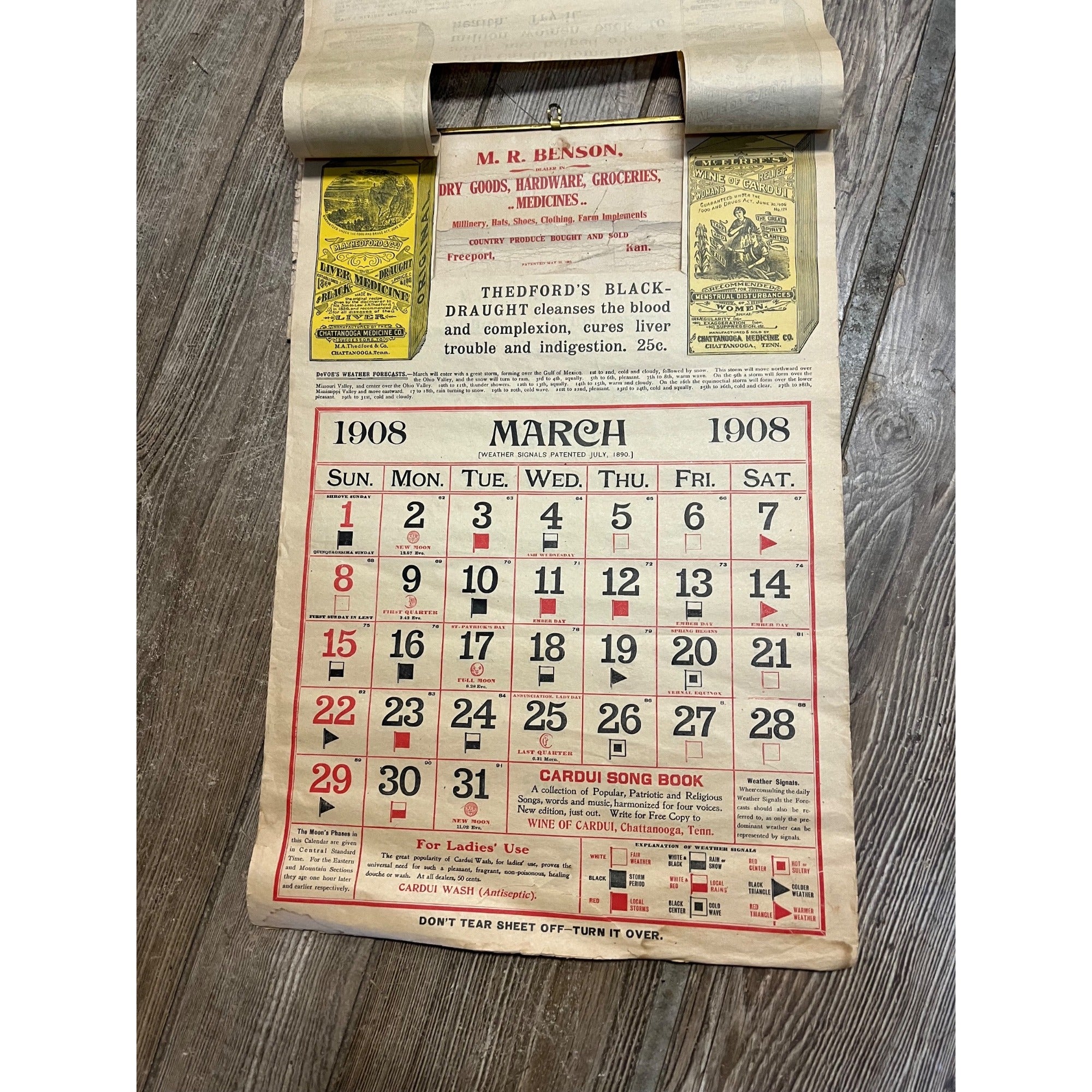 Vintage 1908 Chattanooga Medicine Co Advertising Sign Calendar Black Draught
