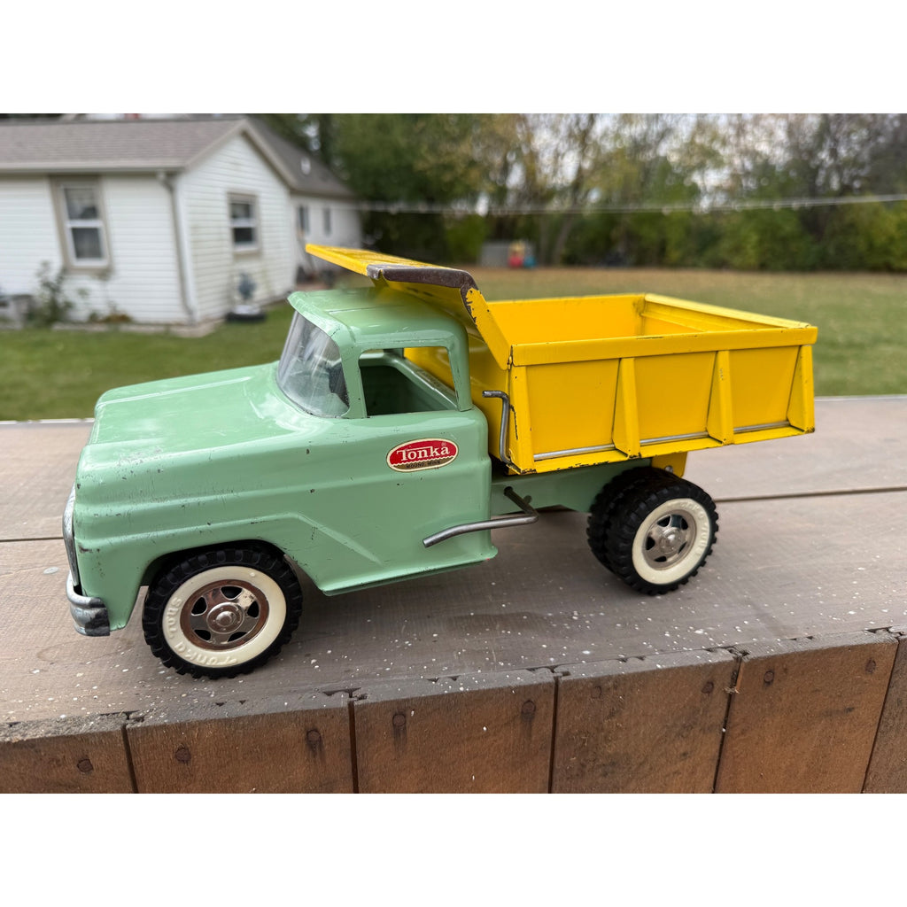 Vintage 1964 Tonka Dump Truck Yellow Green Pressed Steel Toy #406