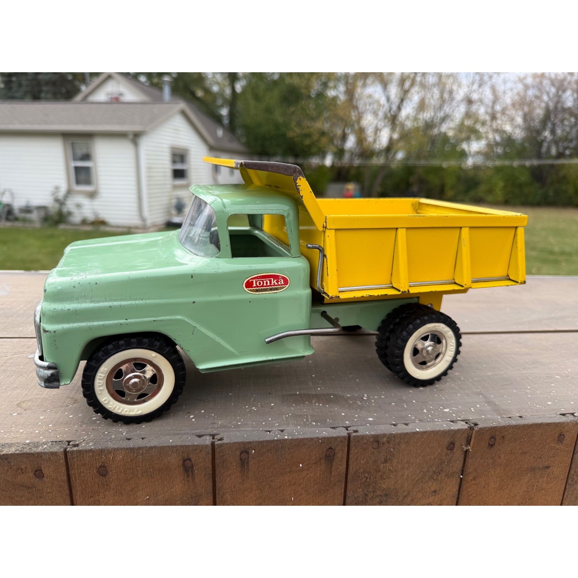 Vintage 1964 Tonka Dump Truck Yellow Green Pressed Steel Toy #406