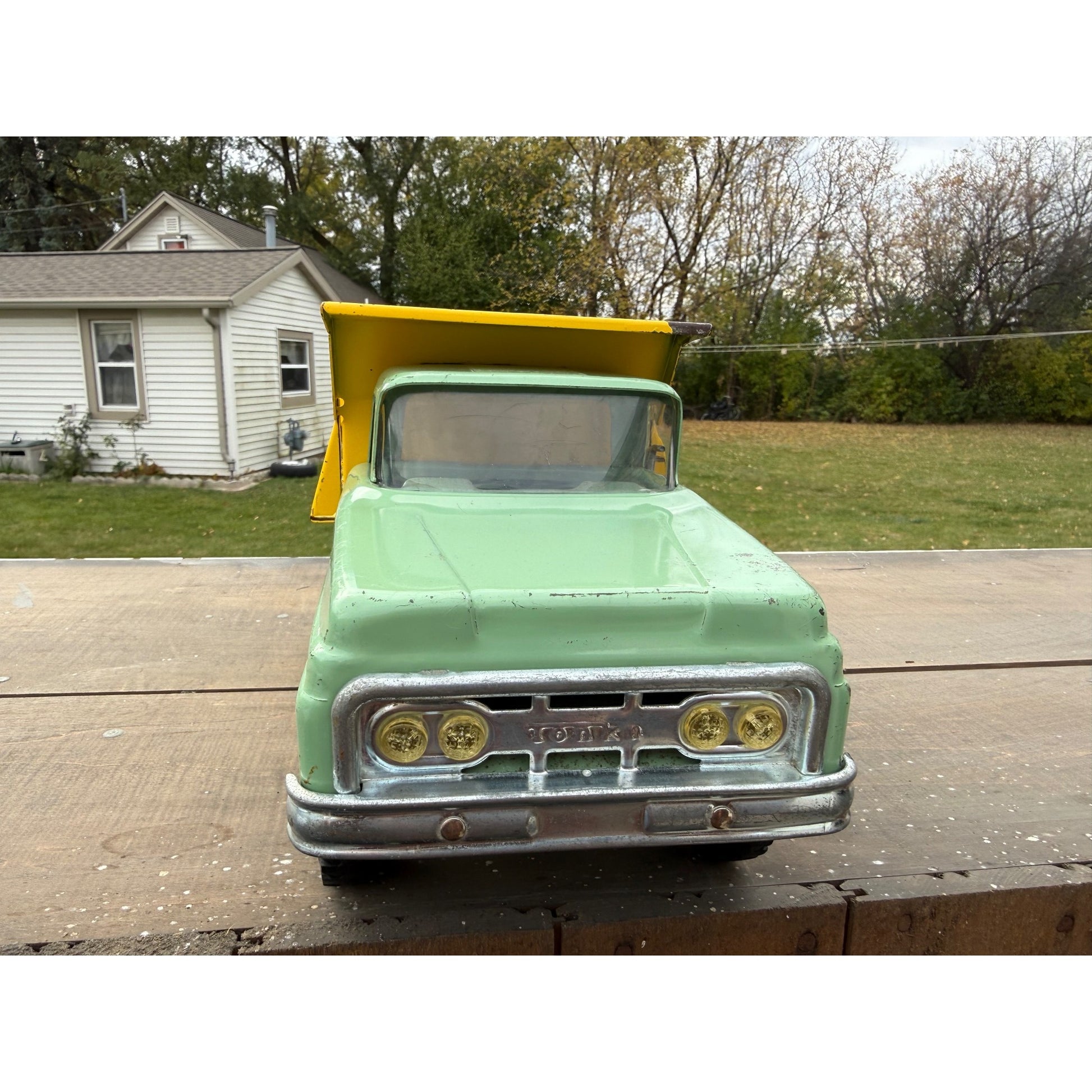 Vintage 1964 Tonka Dump Truck Yellow Green Pressed Steel Toy #406
