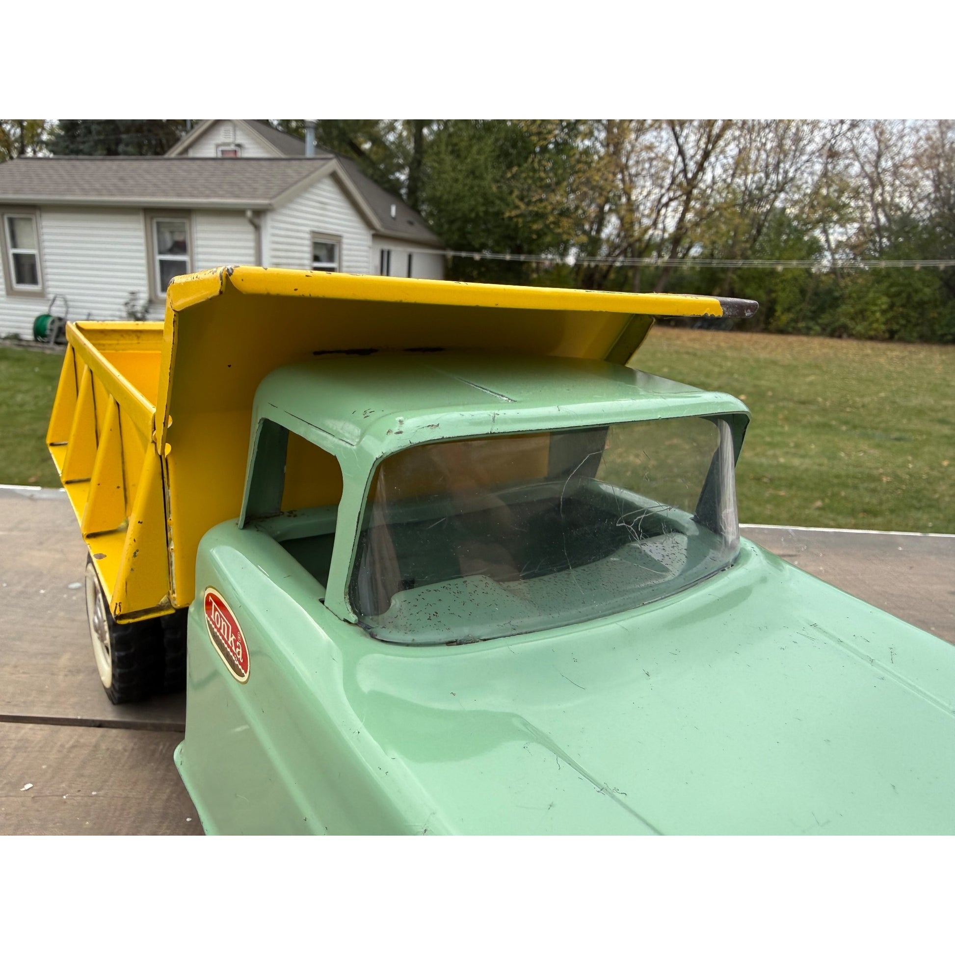 Vintage 1964 Tonka Dump Truck Yellow Green Pressed Steel Toy #406