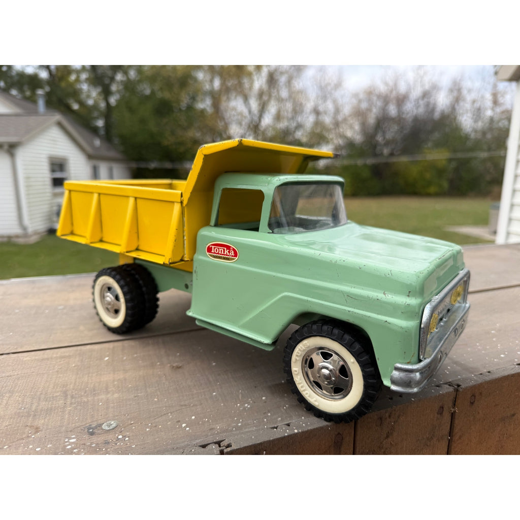 Vintage 1964 Tonka Dump Truck Yellow Green Pressed Steel Toy #406