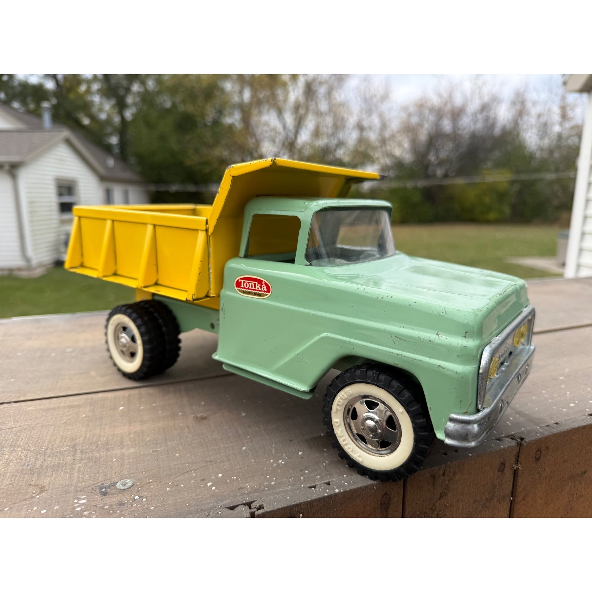 Vintage 1964 Tonka Dump Truck Yellow Green Pressed Steel Toy #406