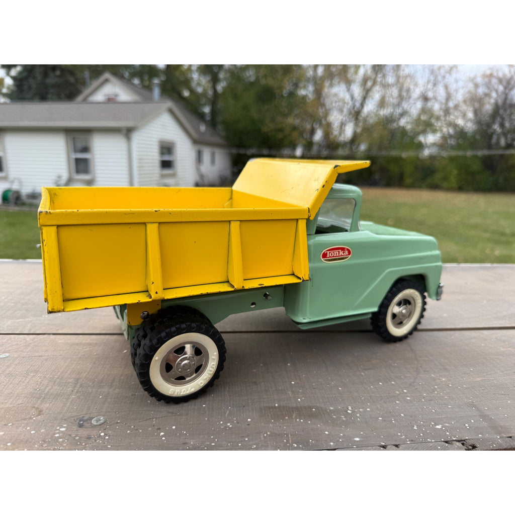 Vintage 1964 Tonka Dump Truck Yellow Green Pressed Steel Toy #406