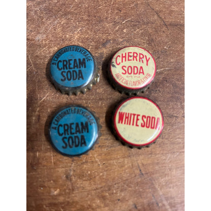 Vintage 1930s Bottle Caps Cork Lined White Soda, Cherry Soda, Cream Soda (4)