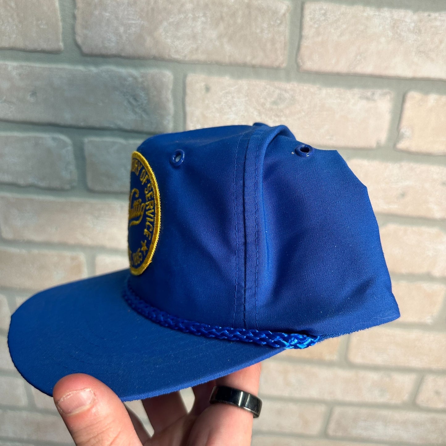 VINTAGE BLUE MESH HUTTIG DOOR COMPANY CONSTRUCTION RETRO SNAPBACK HAT IOWA