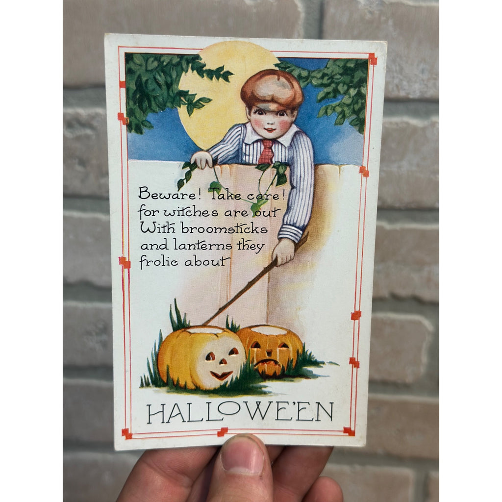 Halloween Boy Behind Fence JOLs Moonlight c1915 Whitney Postcard
