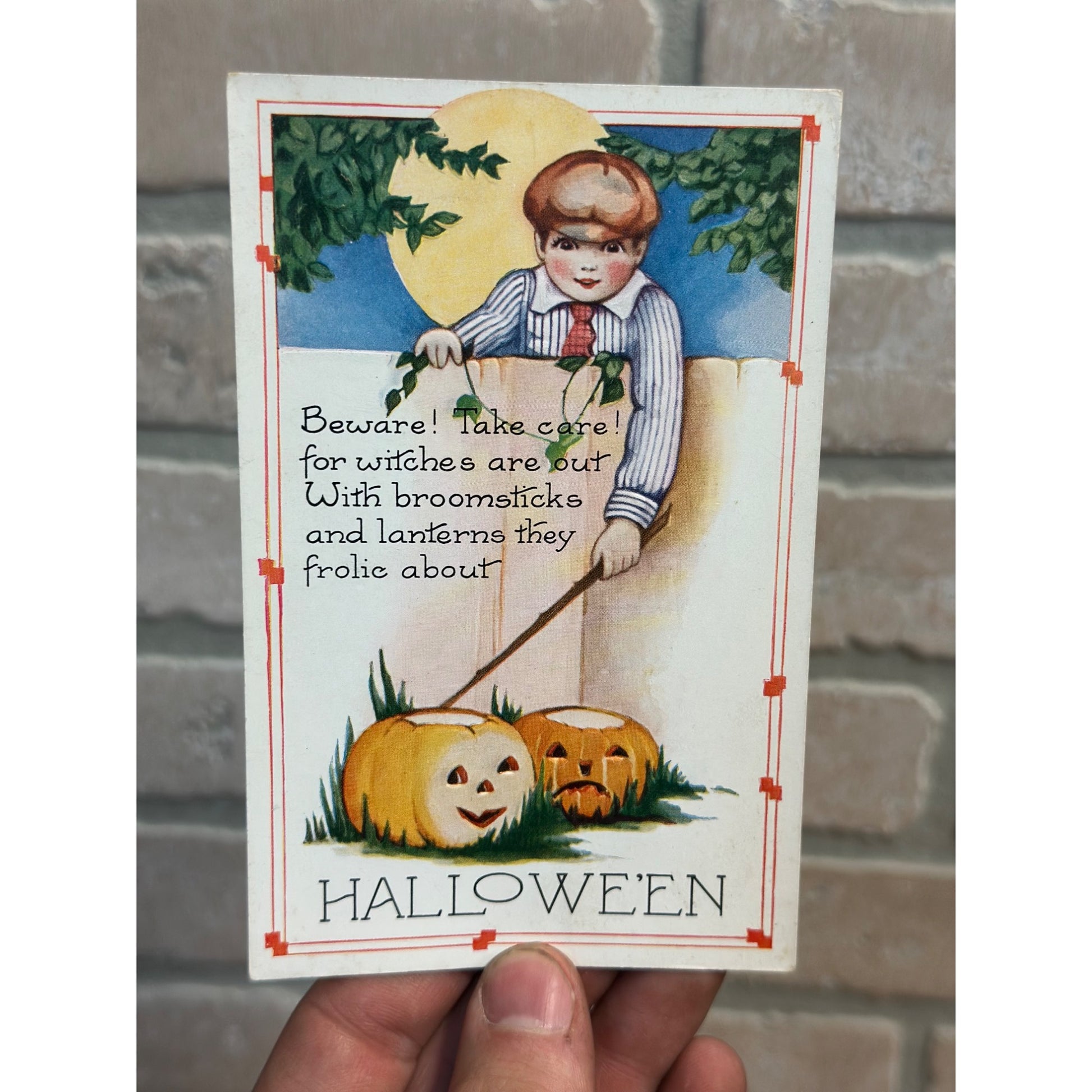 Halloween Boy Behind Fence JOLs Moonlight c1915 Whitney Postcard