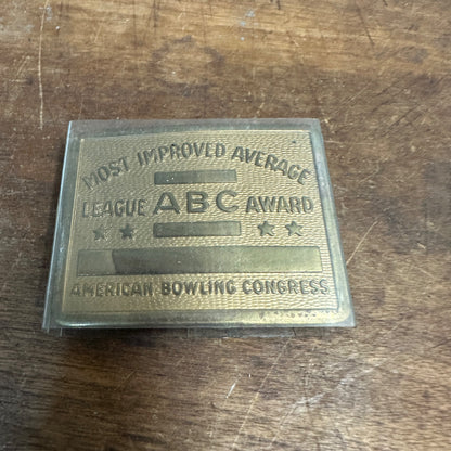 Vintage ABC Bowling League Most Improved Average Award Brass Belt Buckle - NOS