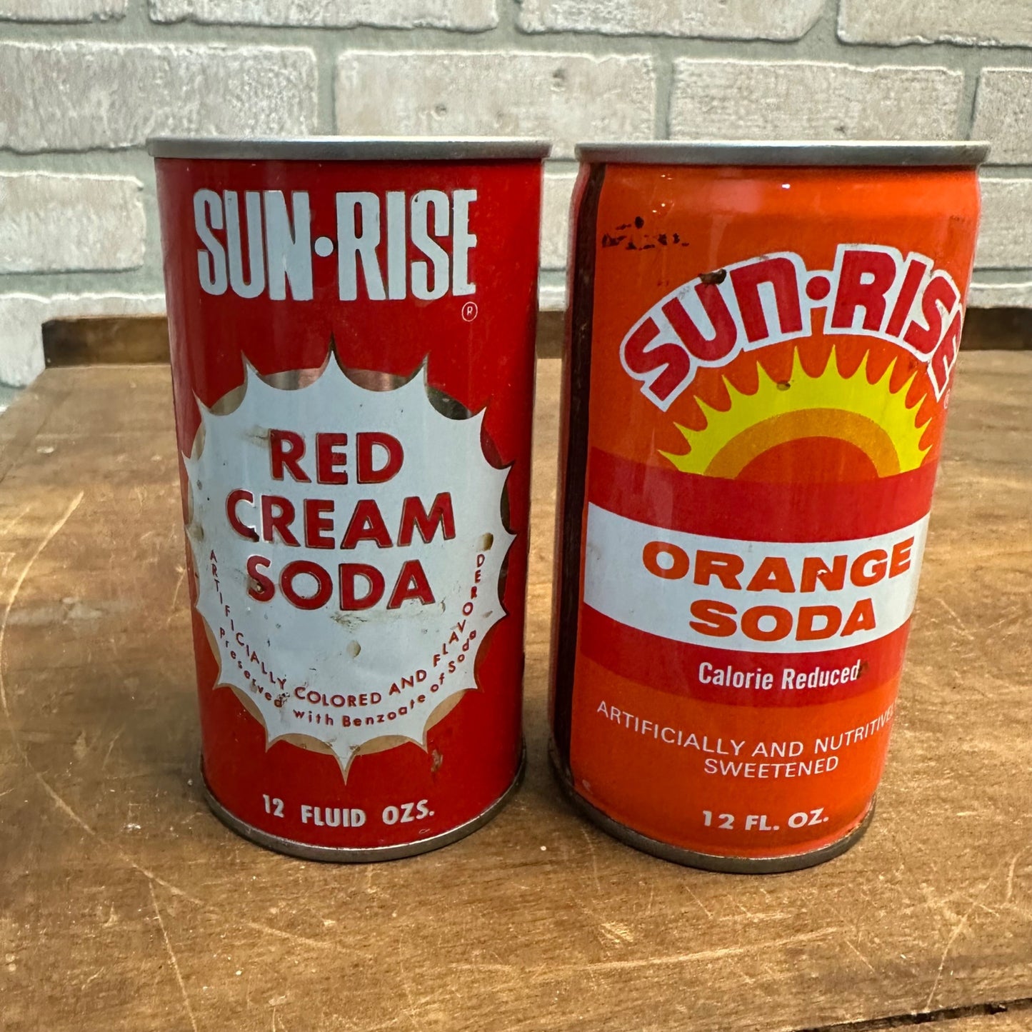 Vintage Sun Rise Soda Pop Cans (2) Orange / Red Cream Steel Pull Tab Flat Top